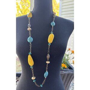 Cara Blue Yellow Brown Beaded Chain Statement Necklace 19" Drop NEW